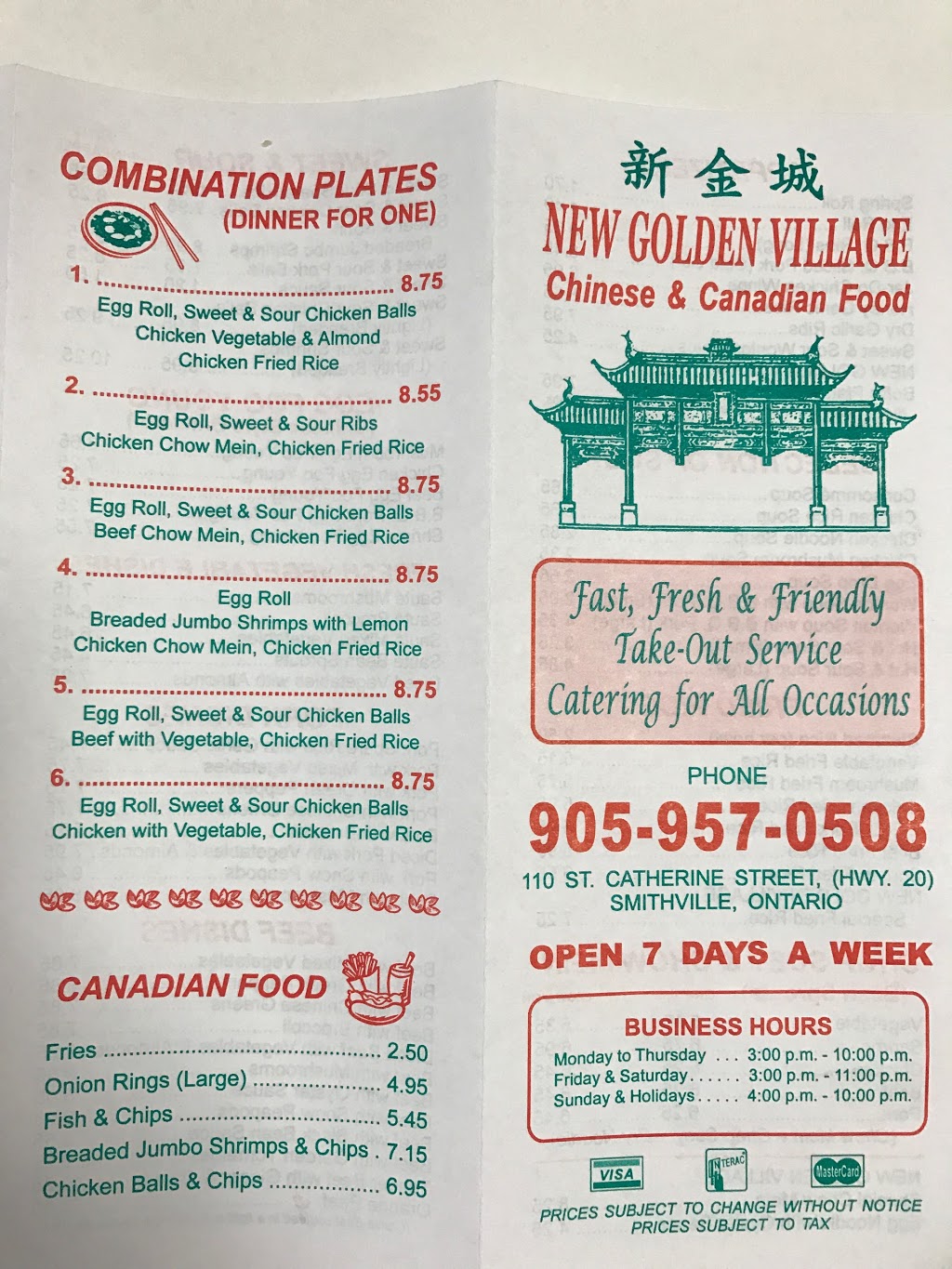 New Golden Village Chinese Take-Out Restaurant | 110 St Catharines St, Smithville, ON L0R 2A0, Canada | Phone: (905) 957-0508