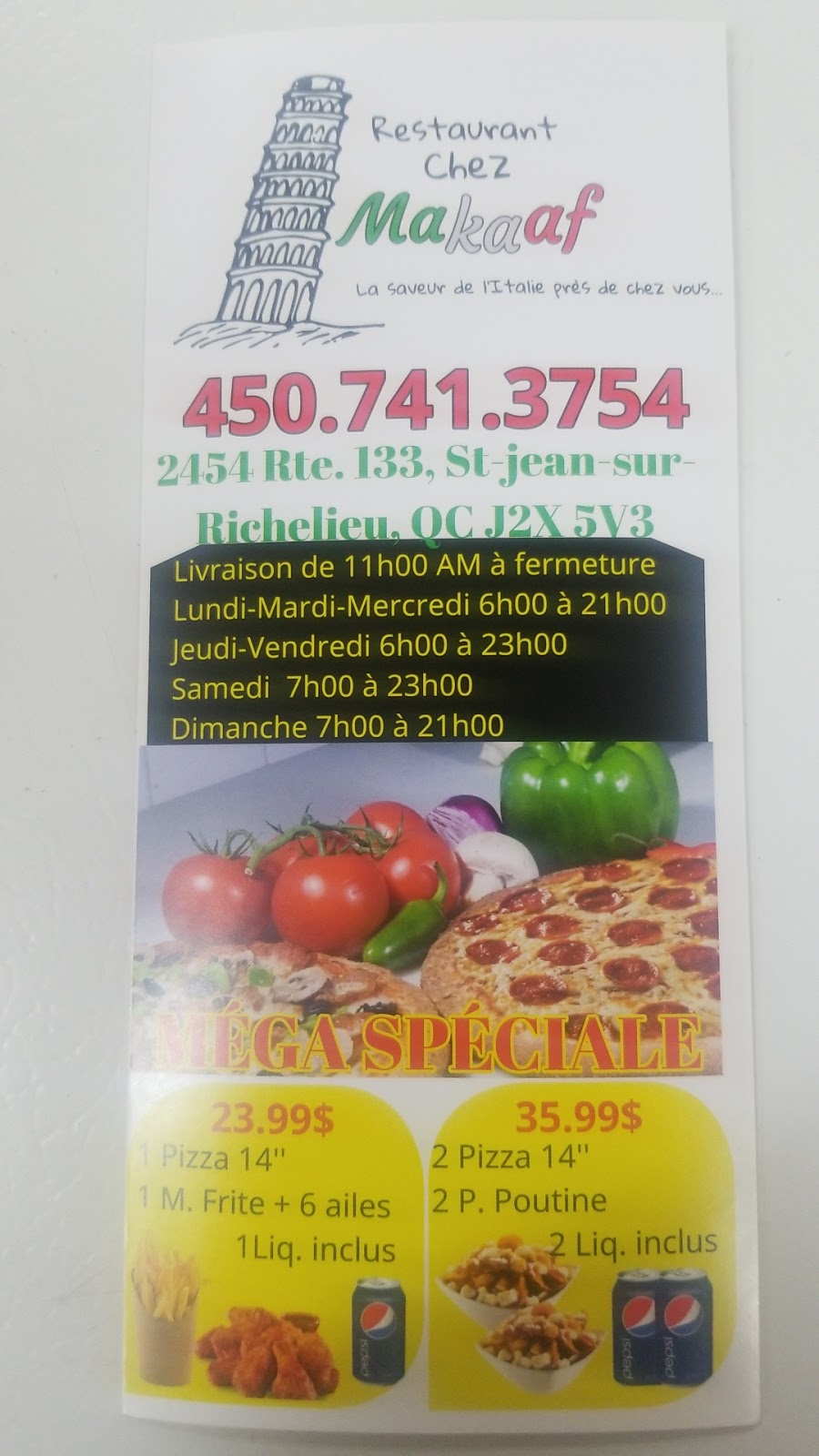 Restaurant chez Makaaf | 2454 Chemin des Patriotes E, Saint-Jean-sur-Richelieu, QC J2X 5M9, Canada | Phone: (450) 741-3754