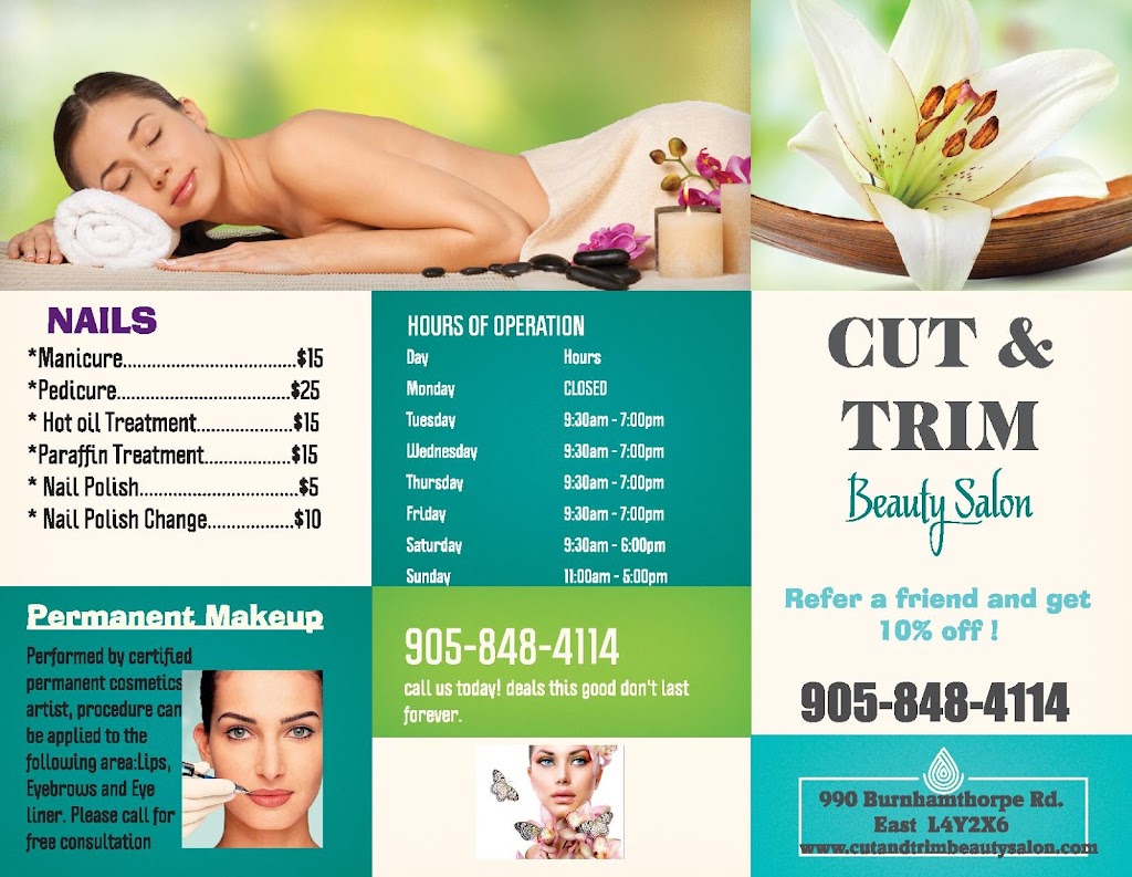 Cut & Trim Beauty Salon | 990 Burnhamthorpe Rd E, Mississauga, ON L4Y 2X6, Canada | Phone: (905) 848-4114