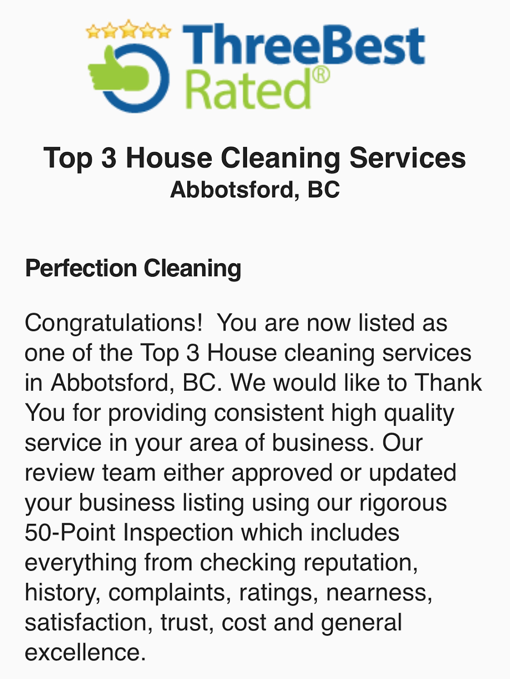 Perfection Cleaning | 415-2990 Boulder St, Abbotsford, BC V2T 3P8, Canada | Phone: (604) 625-0050