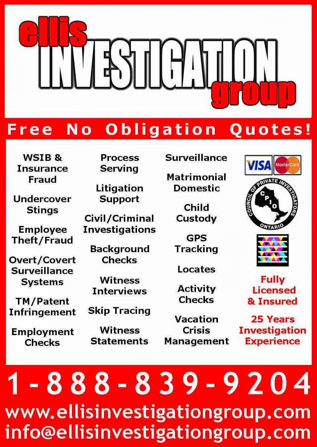 Ellis Investigation Group | 1 Ivanhoe Rd, Brantford, ON N3R 5X5, Canada | Phone: (888) 839-9204
